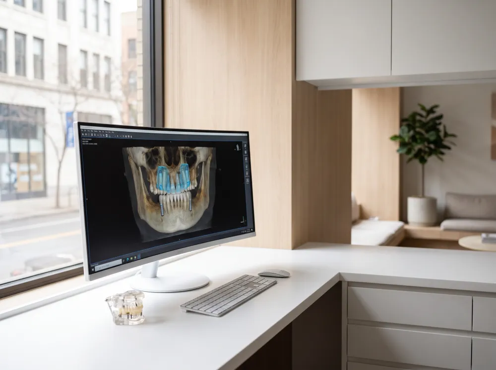 A monitor showing a 3D scan of the jaw with planned implant positions