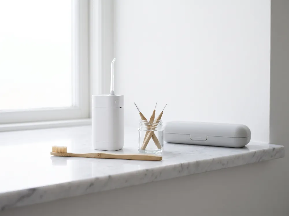 A soft toothbrush, water flosser and interdental brushes on a marble shelf