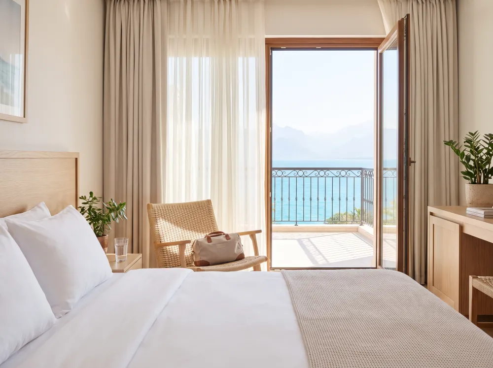 Une chambre d’hôtel lumineuse avec balcon et vue sur la mer